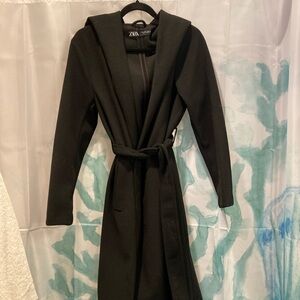 Zara black hooded wool trench coat size medium